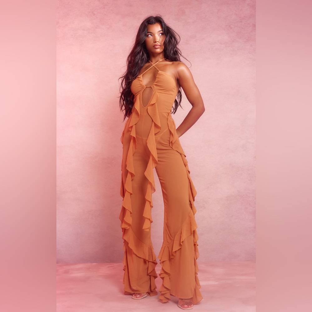 Tobacco Halterneck Ruffle Wide Leg Jumpsuit